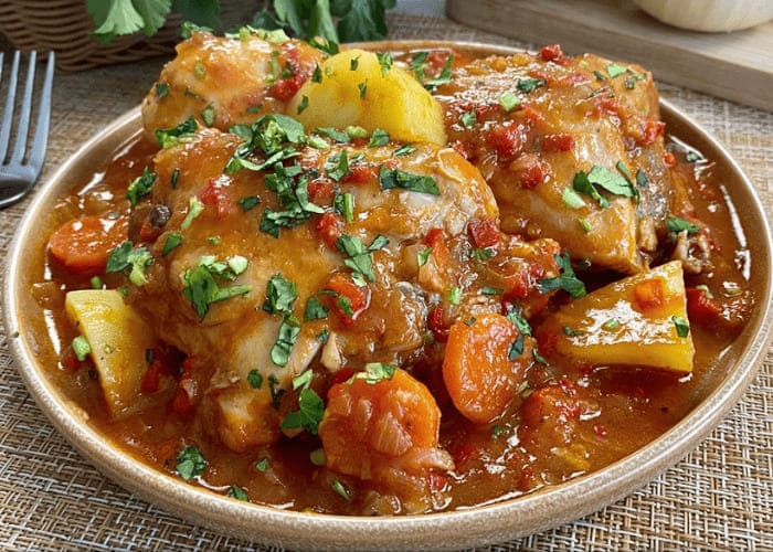 Pollo Sudado Colombiano tradicional servido con papa y yuca
