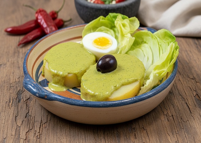 Plato hondo de crema de tarwi decorado con perejil y semillas