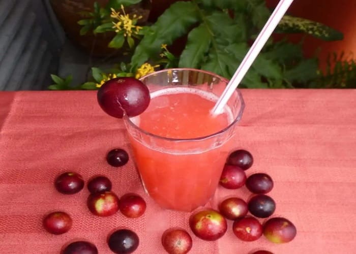 Vaso con jugo de camu camu color rosado vibrante y rodaja de limón