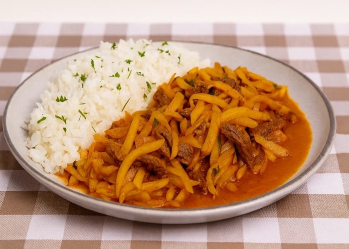 Olluquito picado con carne magra y perejil en plato artesanal